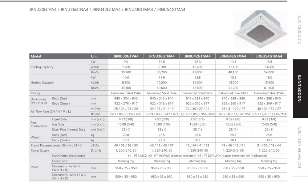 LG VRF Indoor units 4-Way Cassette Specifications and Details